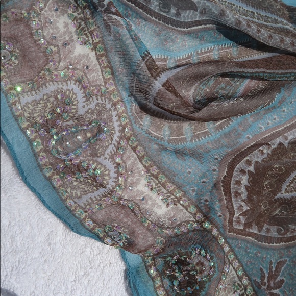 Silk blue and brown scarf - Picture 7 of 8